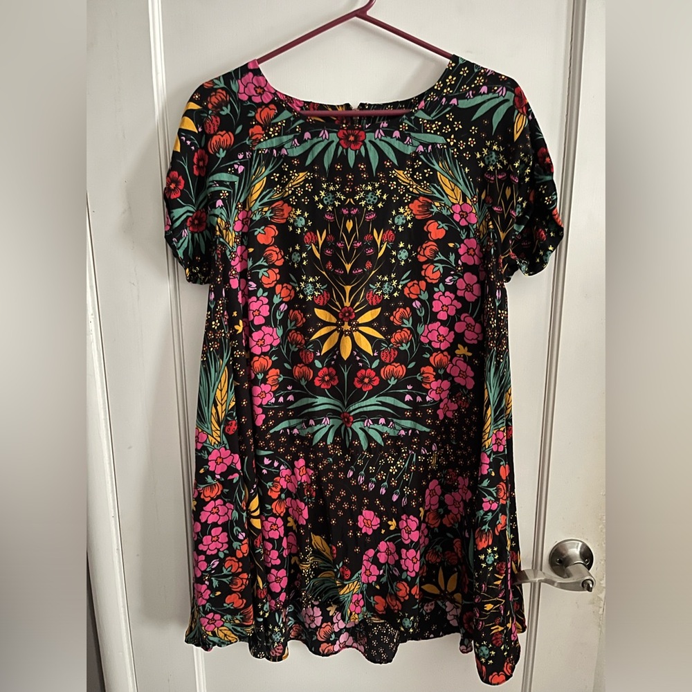 Free People Black Floral boho Mini Dress with Pink, strawberry fields tunic
